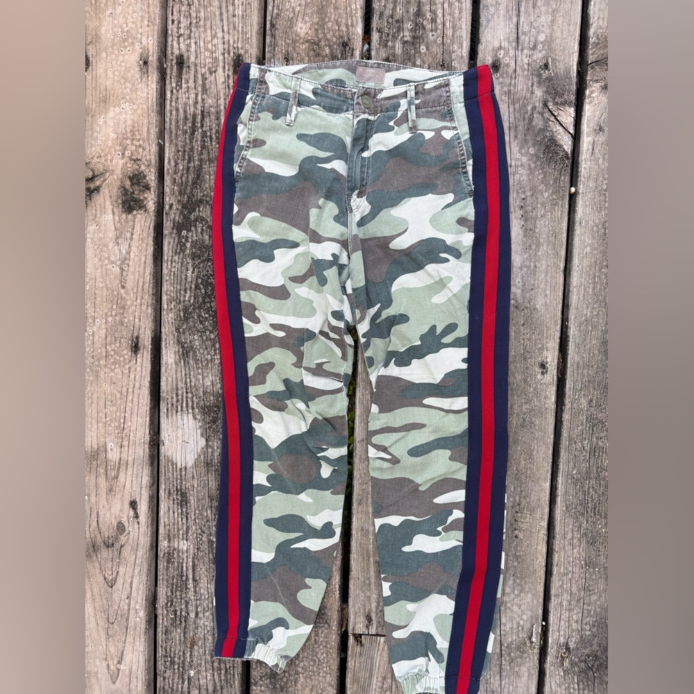 Mother cotton camo pants with blue/red tuxedo stripe.